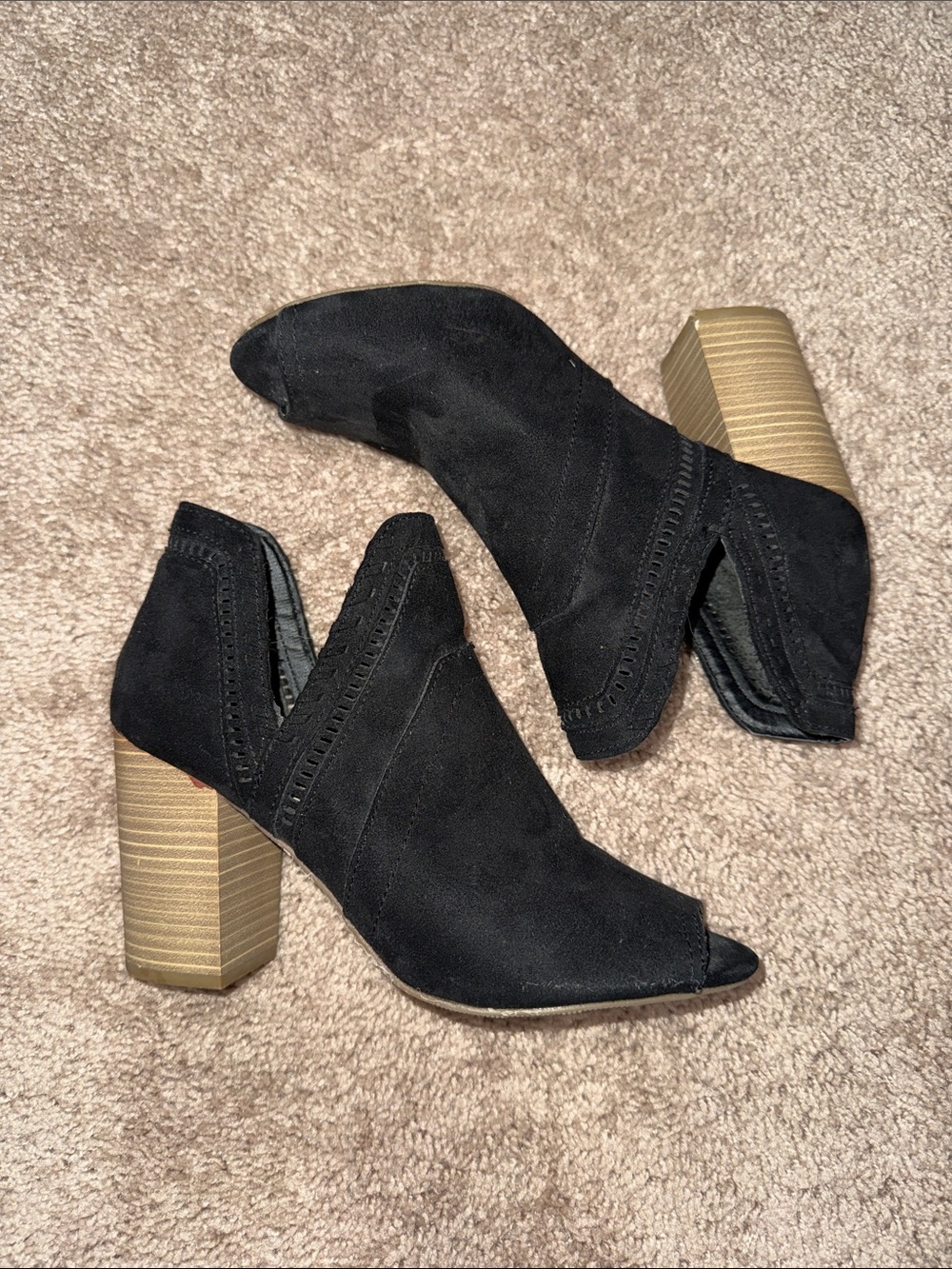 Black Suede Open-Toe Stacked Heel Ankle Booties